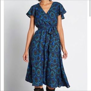 ModCloth Peacock V-Neck Elastic Tie Waist Flutter Sleeves Midi Length Dress